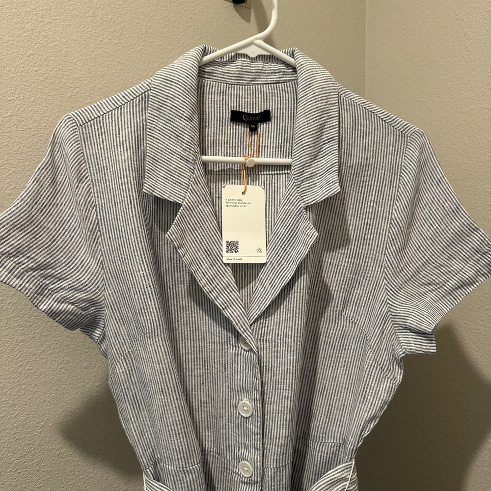 Quince NWT 100% European linen button front dress with pockets. Navy and white. - Picture 7 of 10